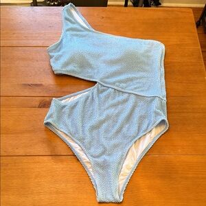 Baby Blue Crinkle One-Piece Bathing Suit with Side Cut-Out